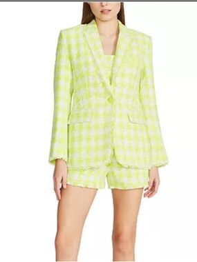 Steven Madden Women's Harlow Neon Green & White Houndstooth Tweed Blazer Sz L